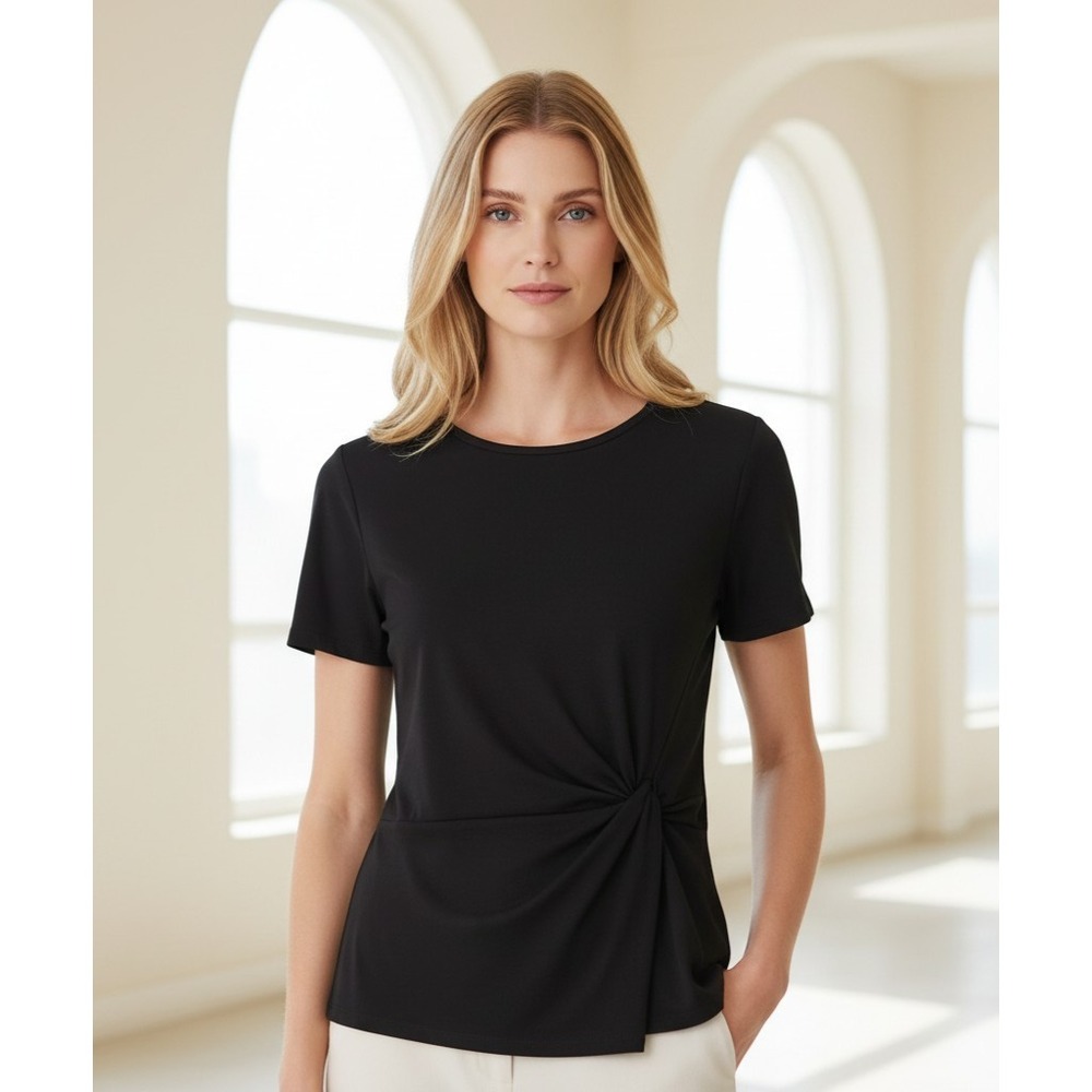 Express M Knit Top Black Twist Ruched SS Stretch Women's Minimalist Quiet Luxury